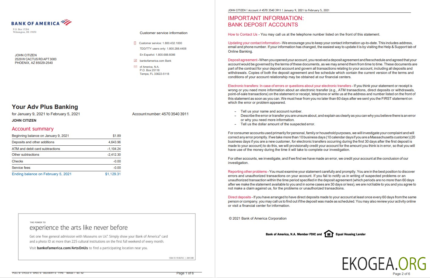 Modèle de relevé bancaire USA Bank of America au format Word et PDF, 6 pages, version 2